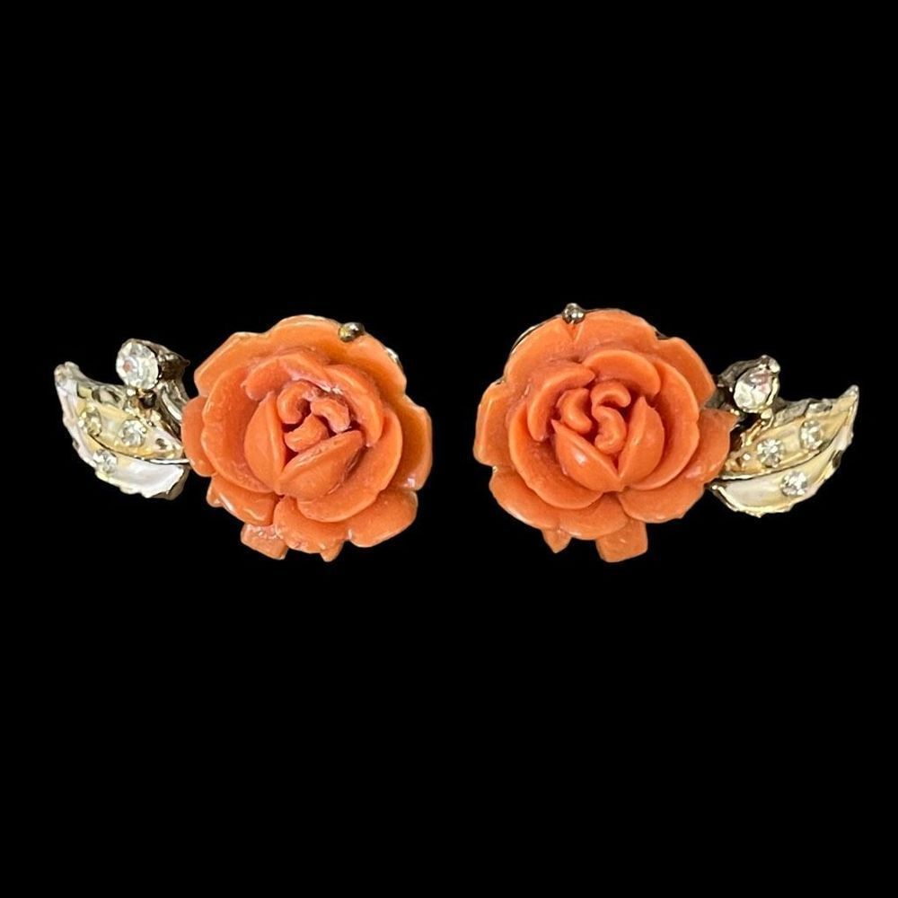 Vintage Signed Coro Carved Celluloid Rose Rhinestone Clip On Earrings Romantic